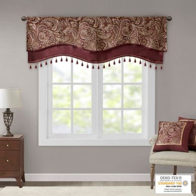 Madison Park Aubrey Jacquard Window Rod Pocket Valance With Beads in Burgundy, 50x18" MP41-4991