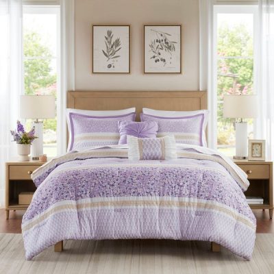 Madison Park Caralie 5 Piece Seersucker Comforter Set with Throw Pillows in Purple, Full/Queen MP10-8792