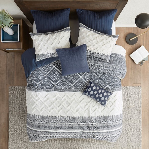 INK+IVY Mila 3 Piece Cotton Duvet Cover Set with Chenille Tufting in Navy, Full/Queen II12-1063 - Image 3