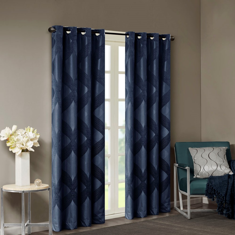 SunSmart Bentley Ogee Knitted Jacquard Total Blackout Curtain Panel in Navy, 50x95" SS40-0146 - Image 4