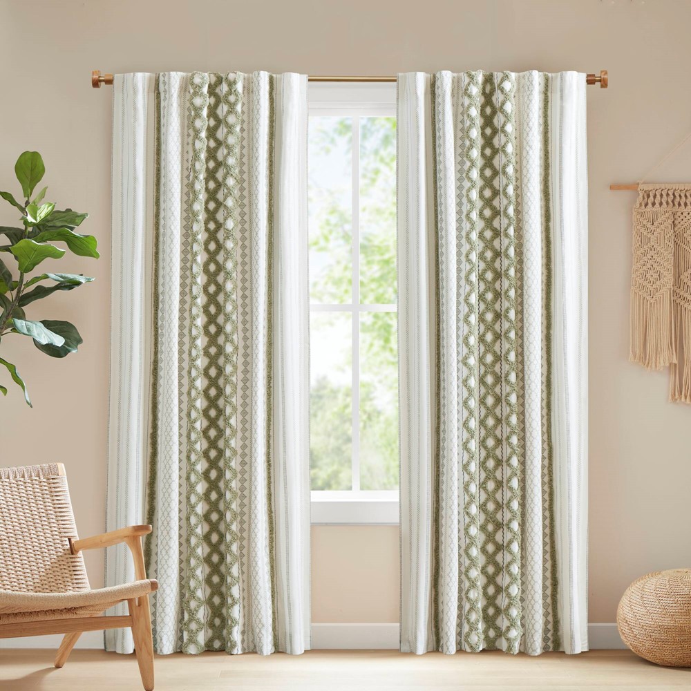 INK+IVY Imani Cotton Printed Curtain Panel with Chenille Stripe and Lining in Green, 50x84" II40-1350 - Image 5