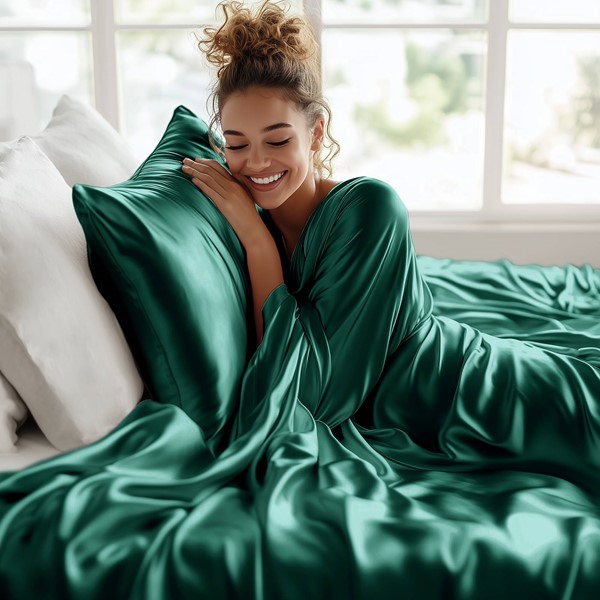 Madison Park Essentials Satin Luxury Sheet Set in Emerald, Queen MPE20-1146 - Image 2