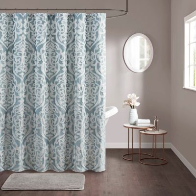 Madison Park Odette Jacquard Shower Curtain in Aqua/Silver, 72x72" MP70-8085