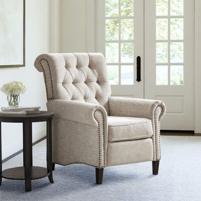 Madison Park Aidan Upholstered Manual Push Back Recliner Chair with Nailheads in Cream, One Size MP103-0609