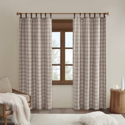 Madison Park Anaheim Plaid Faux Leather Tab Top Curtain Panel with Fleece Lining in Brown, 50x84" MP40-6765