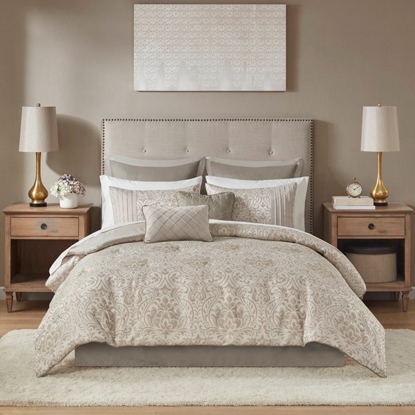 Madison Park Emilia 12 Piece Jacquard Comforter Set with Bed Sheets in Khaki, Cal King MP10-7206 - Image 2