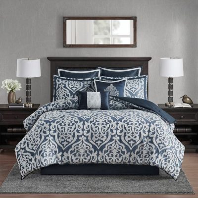 Madison Park Odette 8 Piece Jacquard Comforter Set in Navy/Silver, King MP10-6837