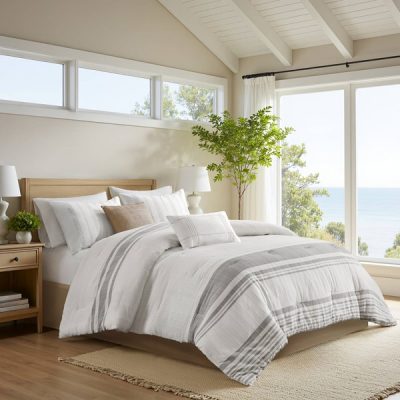 Harbor House Blue Morgan 6 Piece Cotton Jacquard Oversized Comforter Set in White/Grey, Cal King HH10-1827