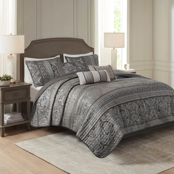 Madison Park Bellagio 6 Piece Jacquard Quilt Set with Throw Pillows in Grey, Full/Queen MP13-8780 - Image 5