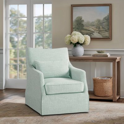 Martha Stewart London Upholstered Skirted Swivel Armchair with Lumbar Pillow in Mint, One Size MT103-0191