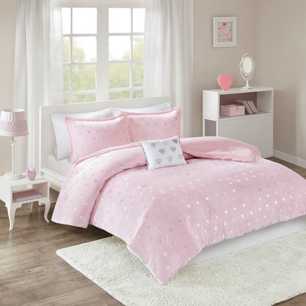 Mi Zone Rosalie Metallic Printed Plush Comforter Set with Throw Pillow in Pink/Silver, Twin/Twin XL MZ10-0571 - Image 4