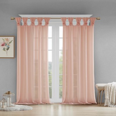 Madison Park Rosette Floral Embellished Cuff Tab Top Solid Curtain Panel in Blush, 50x95" MP40-5649