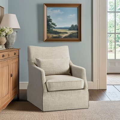 Martha Stewart London Upholstered Skirted Swivel Armchair with Lumbar Pillow in Beige Multi, One Size MT103-1199