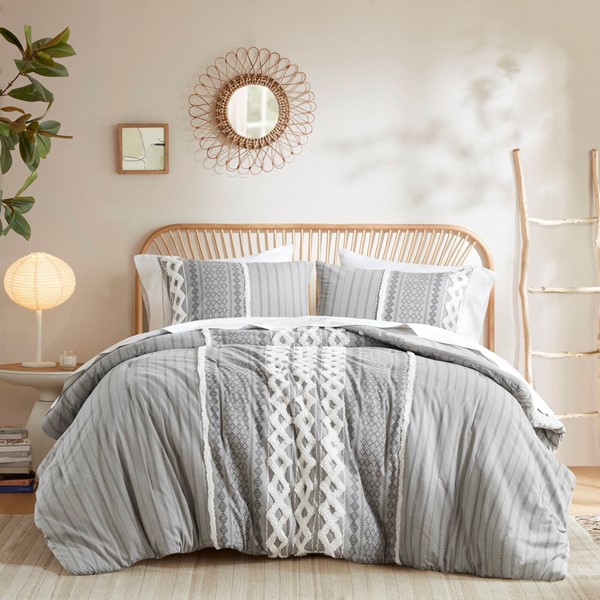 INK+IVY Imani Cotton Printed Comforter Set with Chenille in Gray, Full/Queen II10-1089 - Image 3