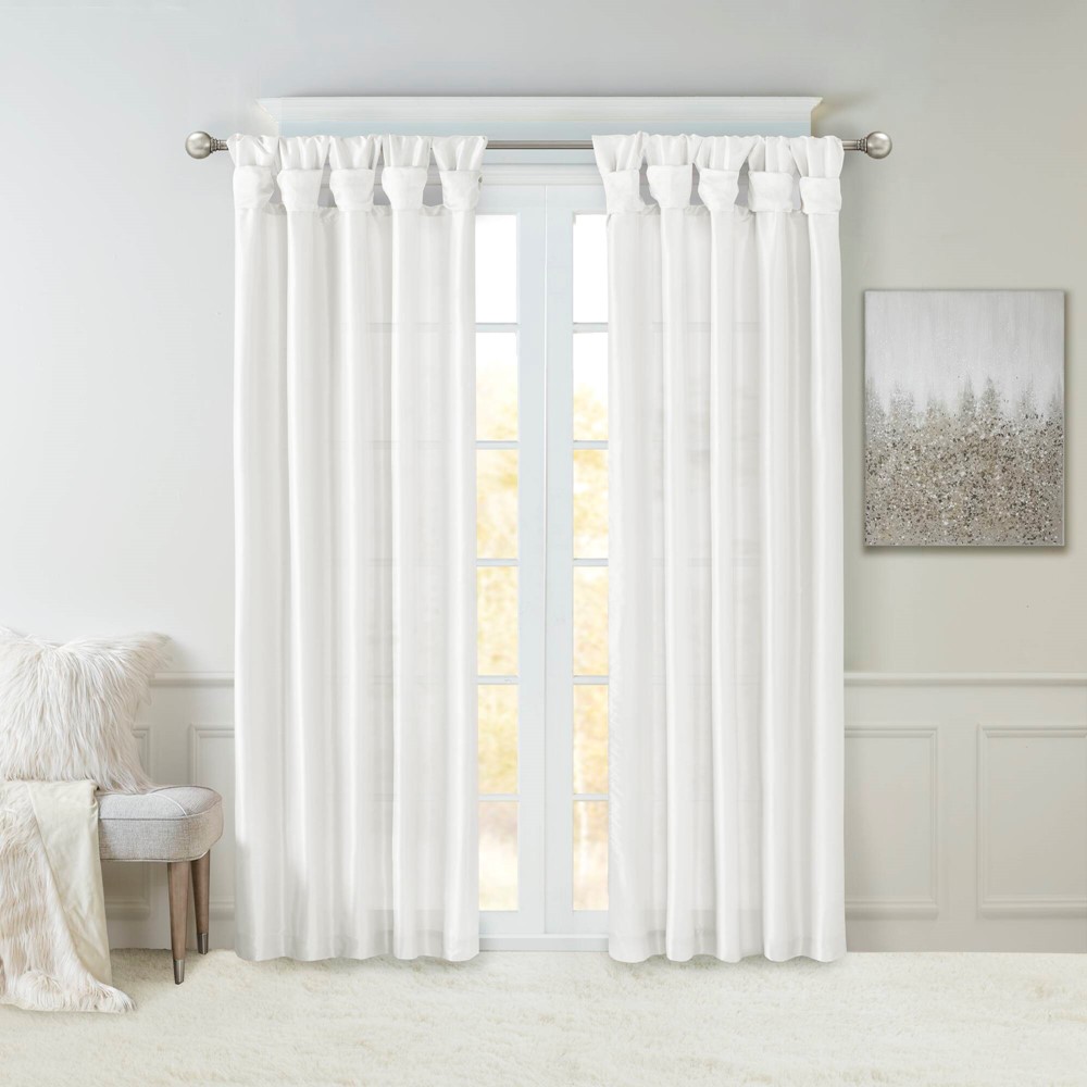 Madison Park Emilia 100% Polyester Solid Faux Silk Lined Twist Tab Window Curtain in White, 50x108" MP40-2683