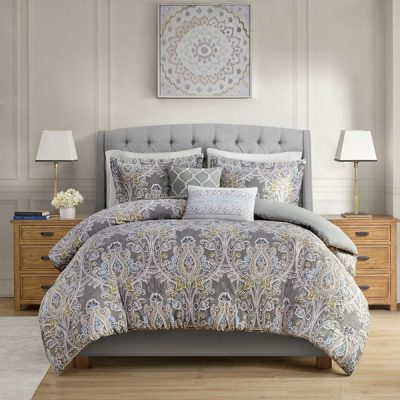 Harbor House Blue Hallie 5 Piece Cotton Duvet Cover Set in Grey, Full/Queen HH12-1687