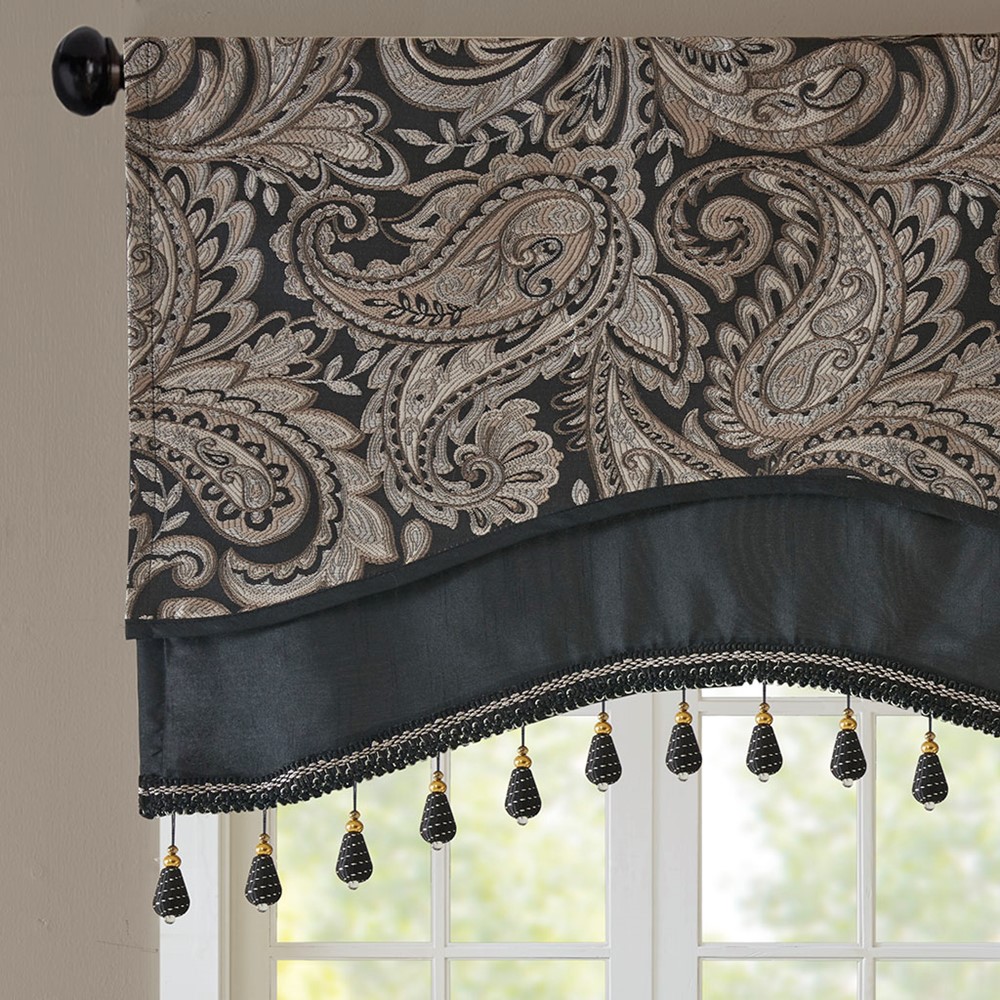 Madison Park Aubrey Jacquard Window Rod Pocket Valance With Beads in Black, 50x18" MP41-4989 - Image 5