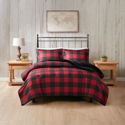 Woolrich Bernston Faux Wool to Faux Fur Down Alternative Comforter Set in Red Buffalo Check, King/Cal King WR9201030822-03
