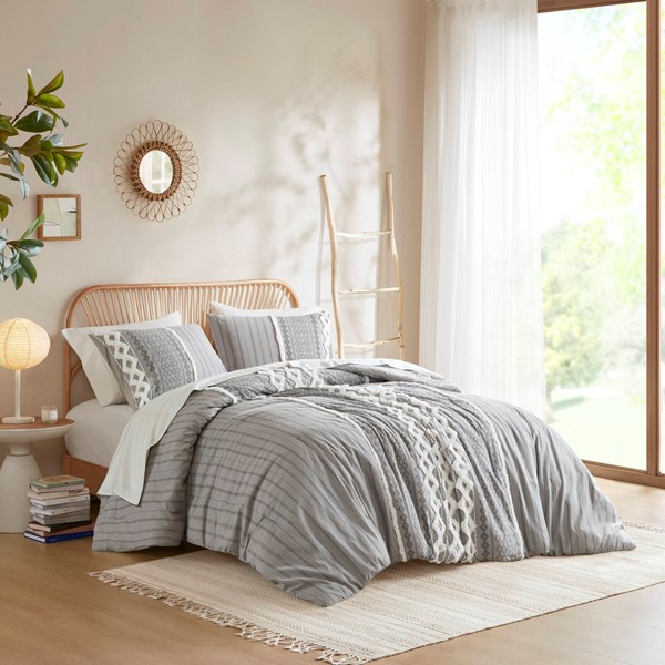 INK+IVY Imani Cotton Printed Comforter Set with Chenille in Gray, Full/Queen II10-1089