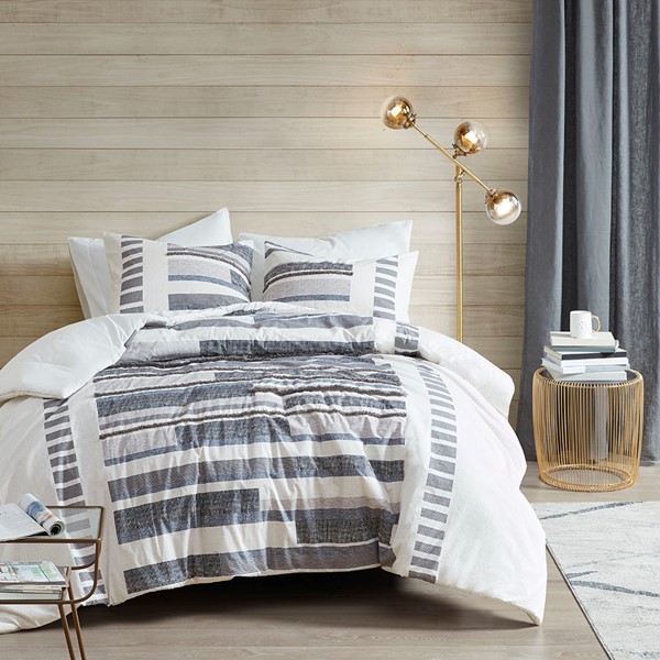 INK+IVY Serena 3 Piece Cotton Printed Comforter Set w/ trims in Navy, Full/Queen II10-1214 - Image 3