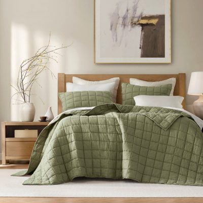 Harbor House French Flax Linen Garment Washed Quilt Set in Olive Green, King/Cal King HHD14-1924