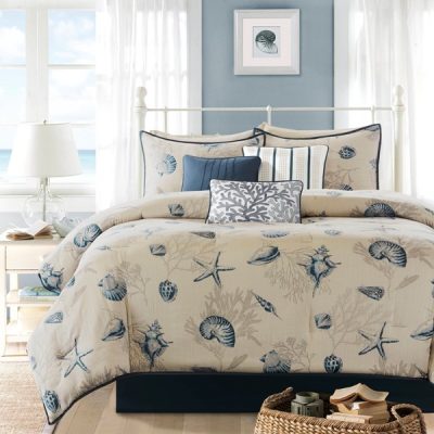 Madison Park Bayside 7 Piece Cotton Sateen Comforter Set in Blue, Cal King MP10-506