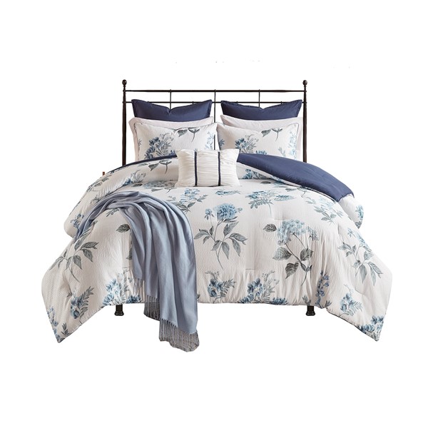 Madison Park Zennia 7 Piece Printed Seersucker Comforter Set with Throw Blanket in Blue, Full/Queen MP10-6303 - Image 5
