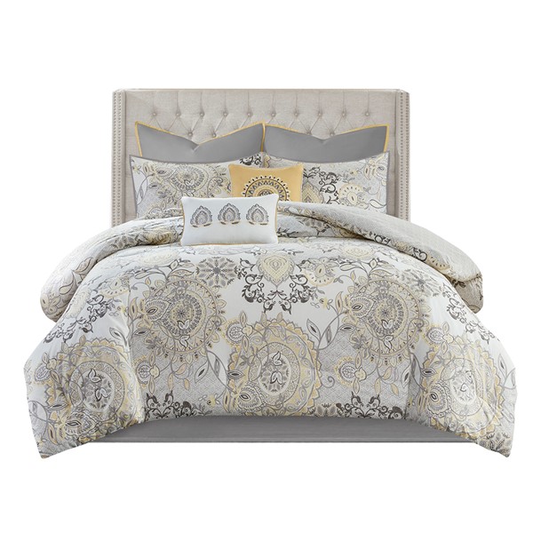 Madison Park Isla 8 Piece Cotton Floral Printed Reversible Comforter Set in Yellow, Queen MP10-8155 - Image 4