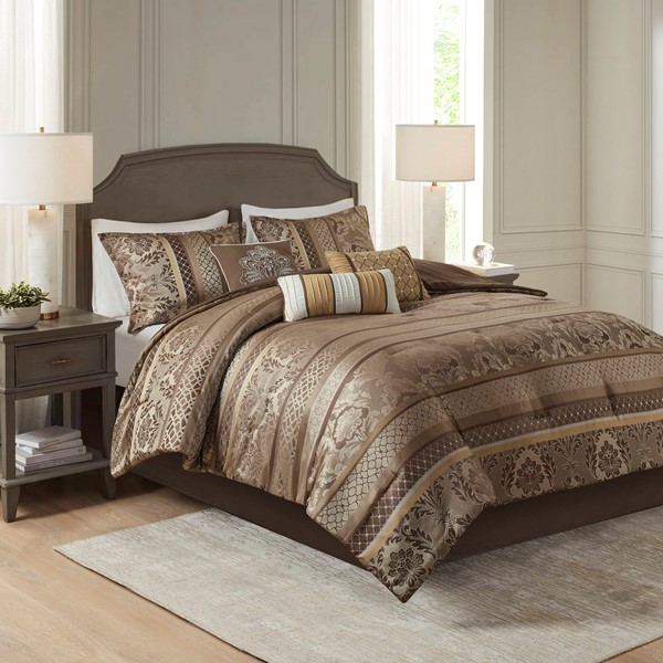 Madison Park Bellagio 7 Piece Jacquard Comforter Set in Brown/Gold, Queen MP10-4533 - Image 2
