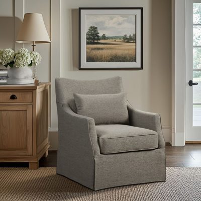 Martha Stewart London Upholstered Skirted Swivel Armchair with Lumbar Pillow in Tan Multi, One Size MT103-1198