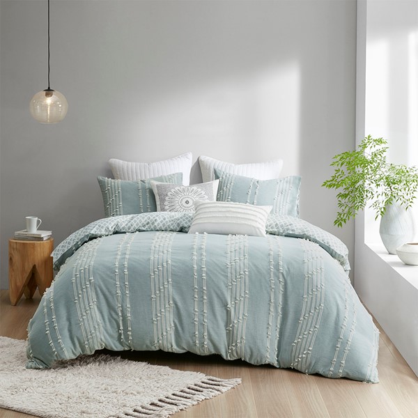 INK+IVY Kara 3 Piece Cotton Jacquard Duvet Cover Set in Aqua, Full/Queen II12-1106 - Image 4