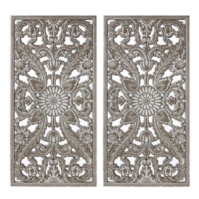 Madison Park Botanical Panel Distressed Carved Wood 2-piece Wall Decor Set in Antique Green, Set of 2 MP95B-0363