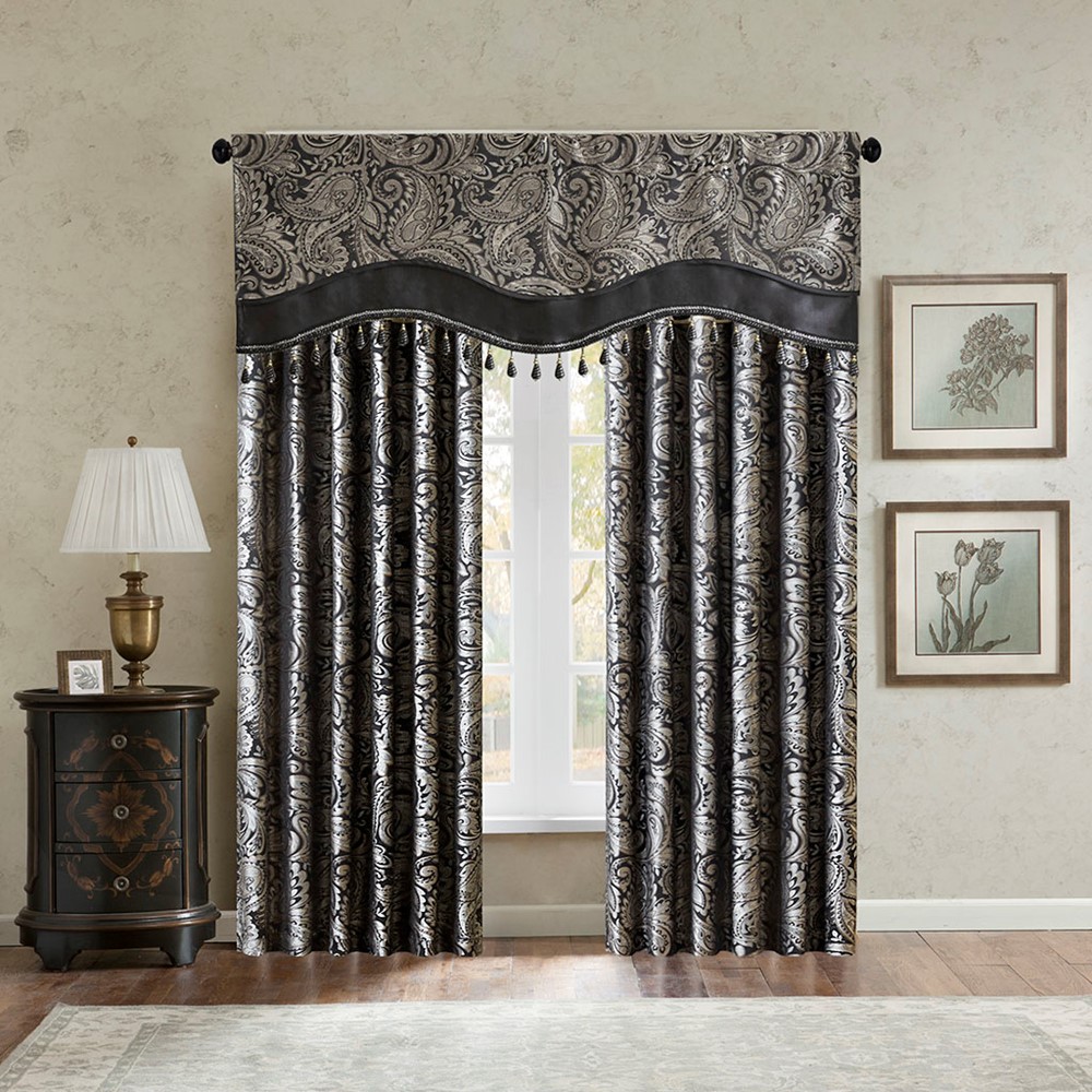 Madison Park Aubrey Jacquard Window Rod Pocket Valance With Beads in Black, 50x18" MP41-4989 - Image 3