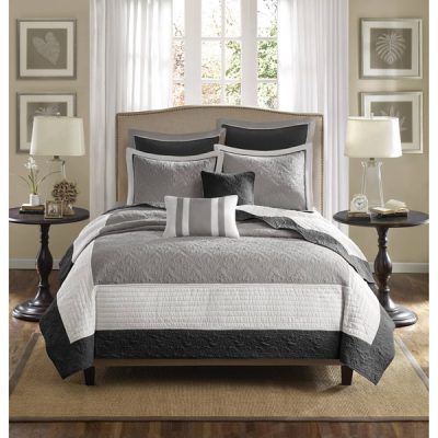 Madison Park Attingham 7 Piece Quilt Set with Euro Shams and Throw Pillows in Black, King/Cal King MP13-1742