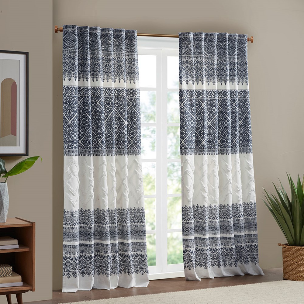 INK+IVY Mila Cotton Printed Curtain Panel with Chenille detail and Lining in Navy, 50x84" II40-1182 - Image 6
