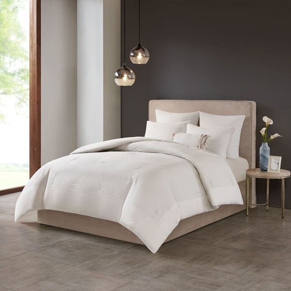 N Natori Hanae Cotton Blend Yarn Dyed 3 Piece Comforter Set in White, Full/Queen NS10-3243