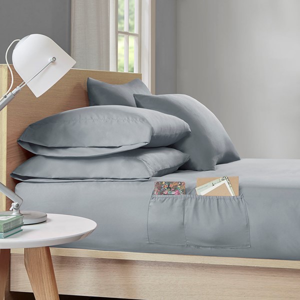 Intelligent Design Microfiber Sheet Set with Side Storage Pockets in Grey, Twin XL ID20-1455 - Image 3