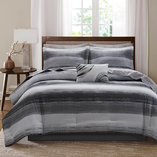 Madison Park Essentials Saben Comforter Set with Cotton Bed Sheets in Black, Full MPE10-1197