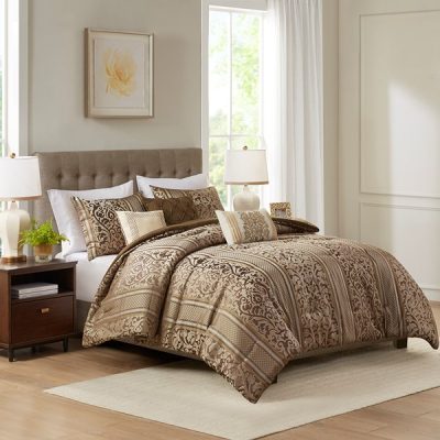 Madison Park Bella 6 Piece Jacquard Comforter Set with Throw Pillows in Brown, Full/Queen MP10-8404