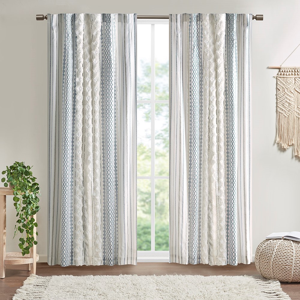 INK+IVY Imani Cotton Printed Curtain Panel with Chenille Stripe and Lining in White/Navy, 50x84" II40-1294 - Image 2