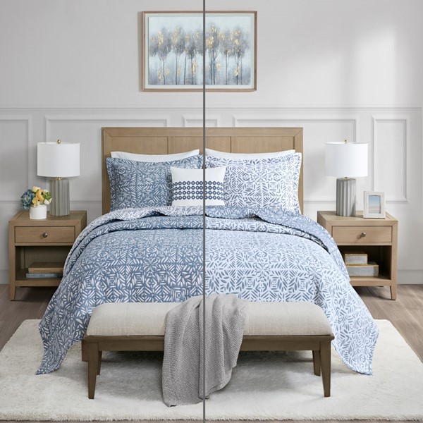 Madison Park Signature Harmony 4 Piece Oversized Reversible Matelasse Quilt Set with Throw Pillow in Blue, Full/Queen MPS13-500 - Image 5