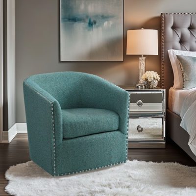 Madison Park Tyler Upholstered Swivel Barrel Chair with Nailheads in Teal Multi, One Size MP103-0706