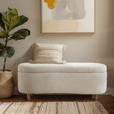 INK+IVY Bailey Boucle-Style Curved Storage Accent Bench in Cream, One Size II105-0593