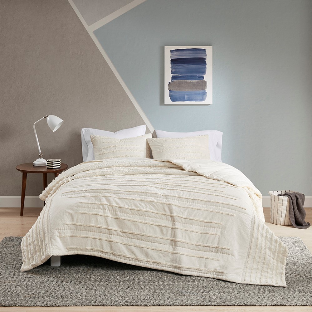 Urban Habitat Mercer 3 Piece Cotton Quilt Set with Chenille Trims in Ivory, Full/Queen UH13-2321 - Image 3