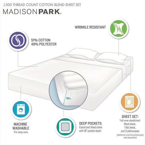 Madison Park 1500 Thread Count Cotton Blend 4 PC Sheet Set in Charcoal, Queen MP20-6404 - Image 5