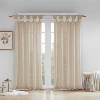Madison Park Rosette Floral Embellished Cuff Tab Top Solid Curtain Panel in Linen, 50x63" MP40-6829