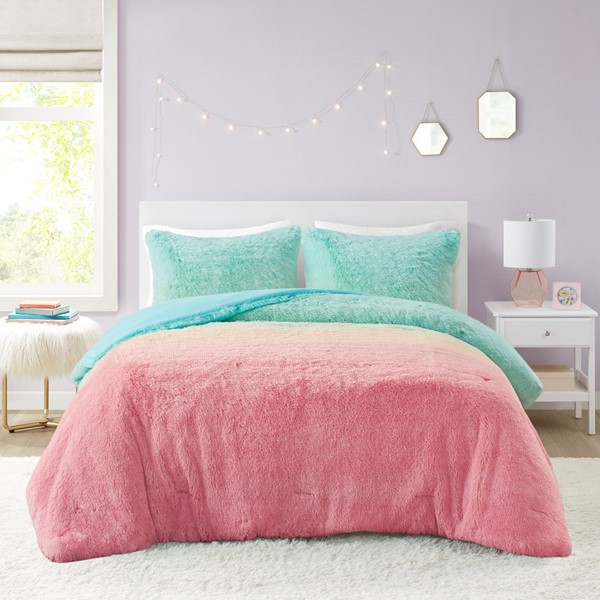 Mi Zone Primrose Ombre Shaggy Faux Fur Comforter Set in Aqua Multi, Full/Queen MZ10-0649 - Image 2