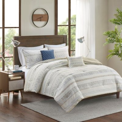 Madison Park Fraser 5 Piece Printed Seersucker Comforter Set with Throw Pillows in Taupe/Blue, King/Cal King MP10-8268