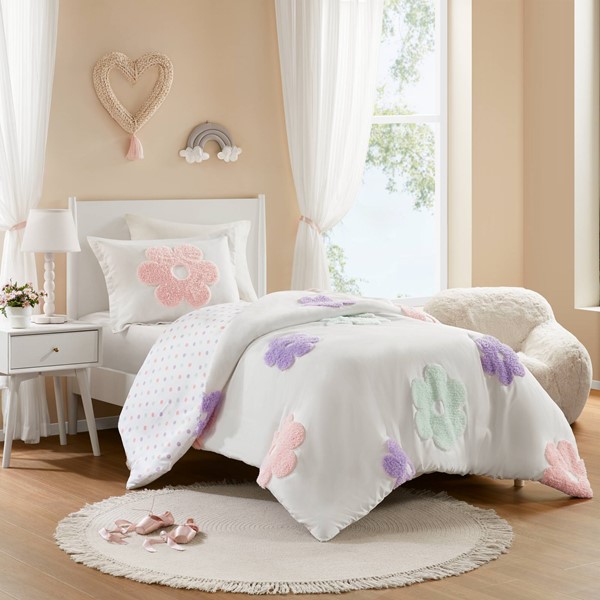 Urban Habitat Kids Gracie Floral Reversible Tufted Chenille Duvet Cover Set in White/Purple, Twin UHK12-0228 - Image 4