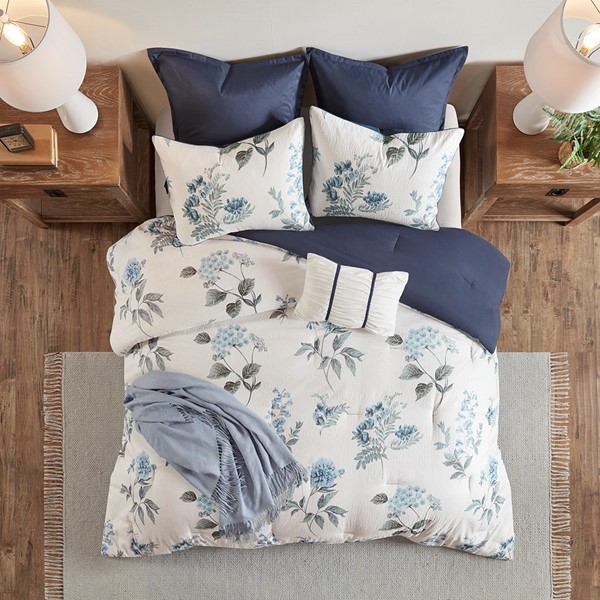 Madison Park Zennia 7 Piece Printed Seersucker Comforter Set with Throw Blanket in Blue, Full/Queen MP10-6303 - Image 3